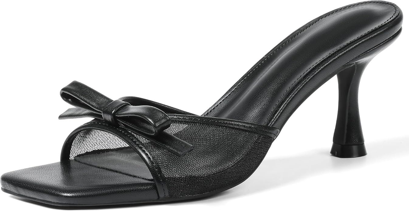 Womens Heeled Sandals Open Square Toe Kitten Heels Sandals Slip On Bow Mesh Mules Heels Comfortab... | Amazon (US)