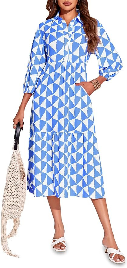 Wenrine Womens Boho Midi Dress Long Sleeve Casual Color Block Beach Button Down Shirt Dress | Amazon (US)