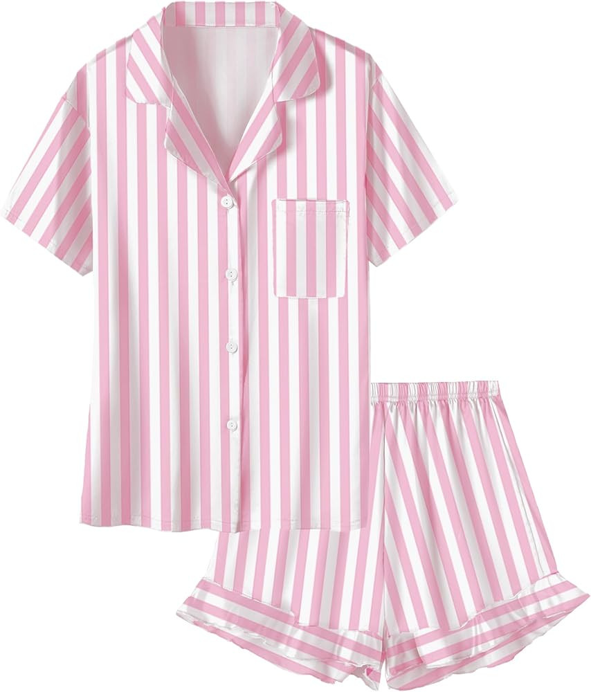 Umeyda Girls & Women Satin Pajamas Set Button Down 2 Piece Silk Pjs Shorts Set Ruffle Sleepwear, ... | Amazon (US)