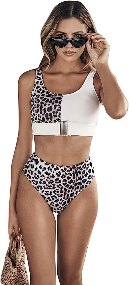 Women's Leopard Buckle Front Top with High Waist Bikini & Two Pieces Swim Cheeky Bathing Suit | Amazon (US)