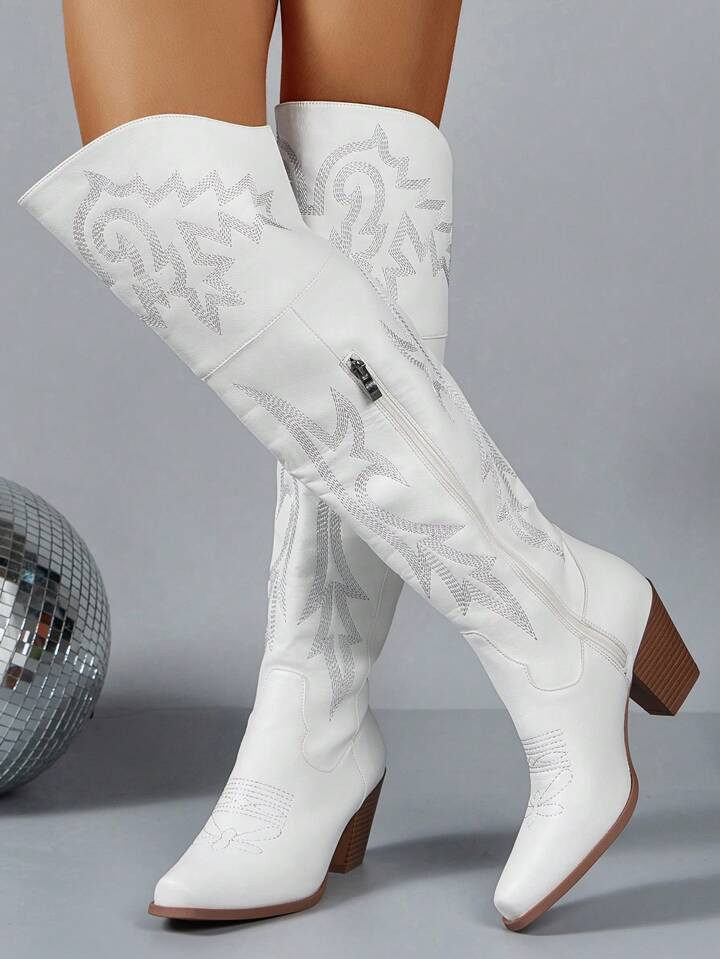 Fashionable Embroidered Western Style Boots With Chunky Heels And Square Toe | SHEIN