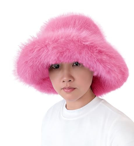 Lina & Lily Oversized Winter Faux Fur Bucket Hat for Women - Long Pile Fur Wide Moldable Brim (Hot Pink) | Amazon (US)