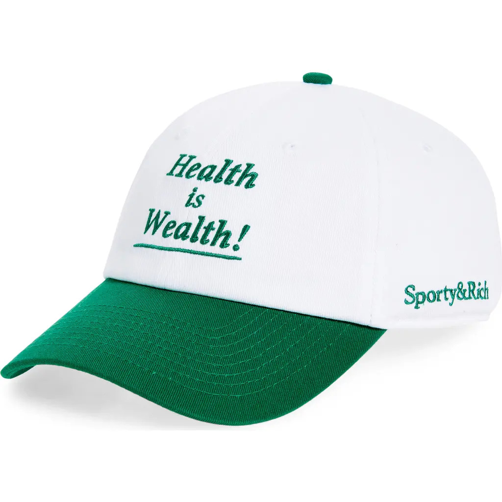 Sporty & Rich Health Is Wealth Embroidered Cotton Twill Baseball Cap in White /Alpine at Nordstrom | Nordstrom