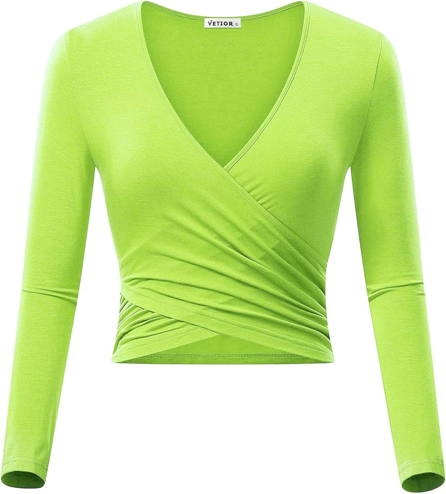 VETIOR Women's Deep V Neck Long Sleeve Unique Slim Fit Cross Wrap Shirts Crop Tops | Amazon (US)