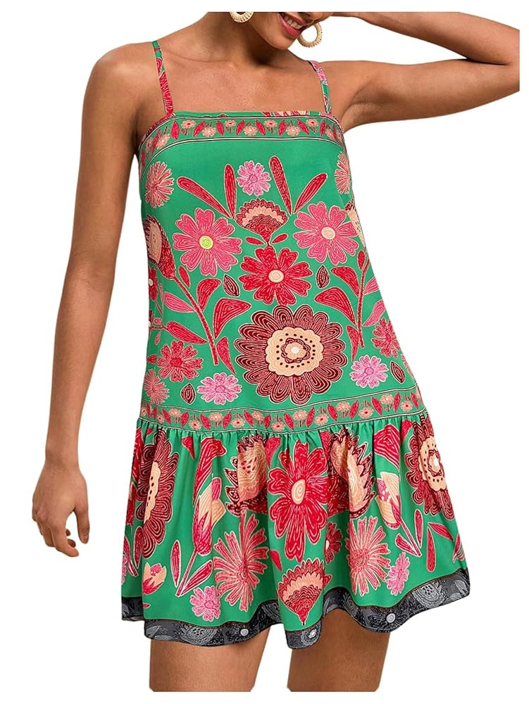 Women's Floral Boho Flowy Mini Cami Dress Ruffle Hem Spaghetti Strap Vacation Tank Dresses | Amazon (US)