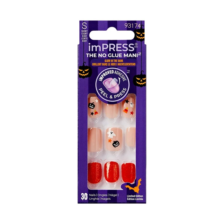 KISS imPRESS No Glue Needed Press On Nails, Design Glow in the Dark, BOO, Beige, Short Squoval, 3... | Walmart (US)