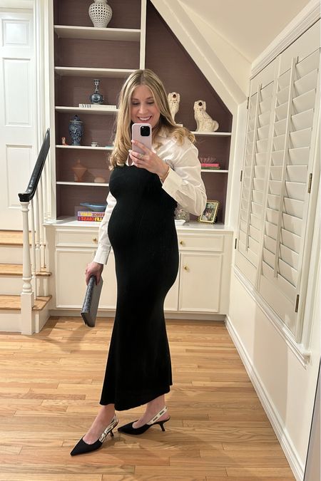 My dress from last season is still available and has been perfect lately for the bump and maternity style! I wore this to dinner on Valentine’s and was so comfy and made me feel cute and put together 🖤 would also be so cute for a fun work event or a twist on a classic dress in your closet! 

#LTKbump