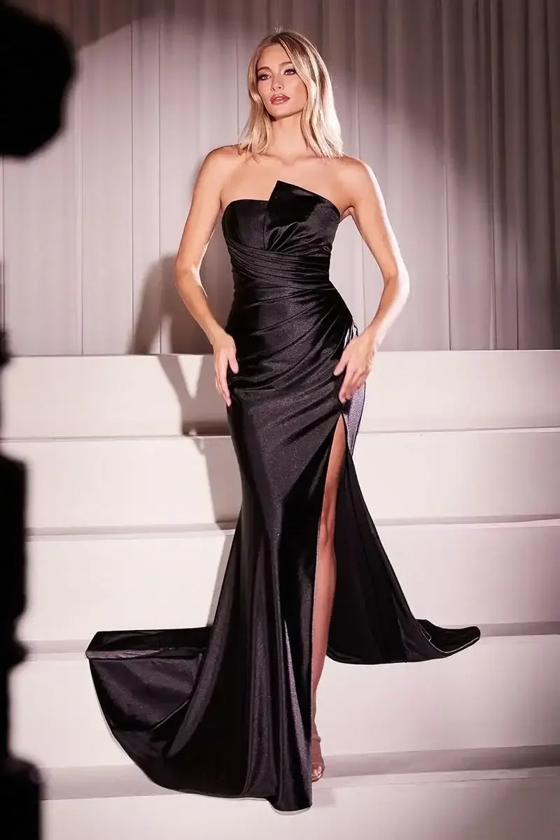 DEANNA GOWN - BLACK - ASYMMETRICAL STRAPLESS SATIN GOWN | Lady Black Tie