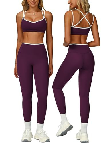 2 Piece Workout Sets for Women Cami Straps Cross Back Color Block Sports Bras Matching High Waist Tummy Control Leggings Clothes Womens Two Piece Athletic Set Gym Wear Active Yoga Outfit Purple XS | Amazon (US)