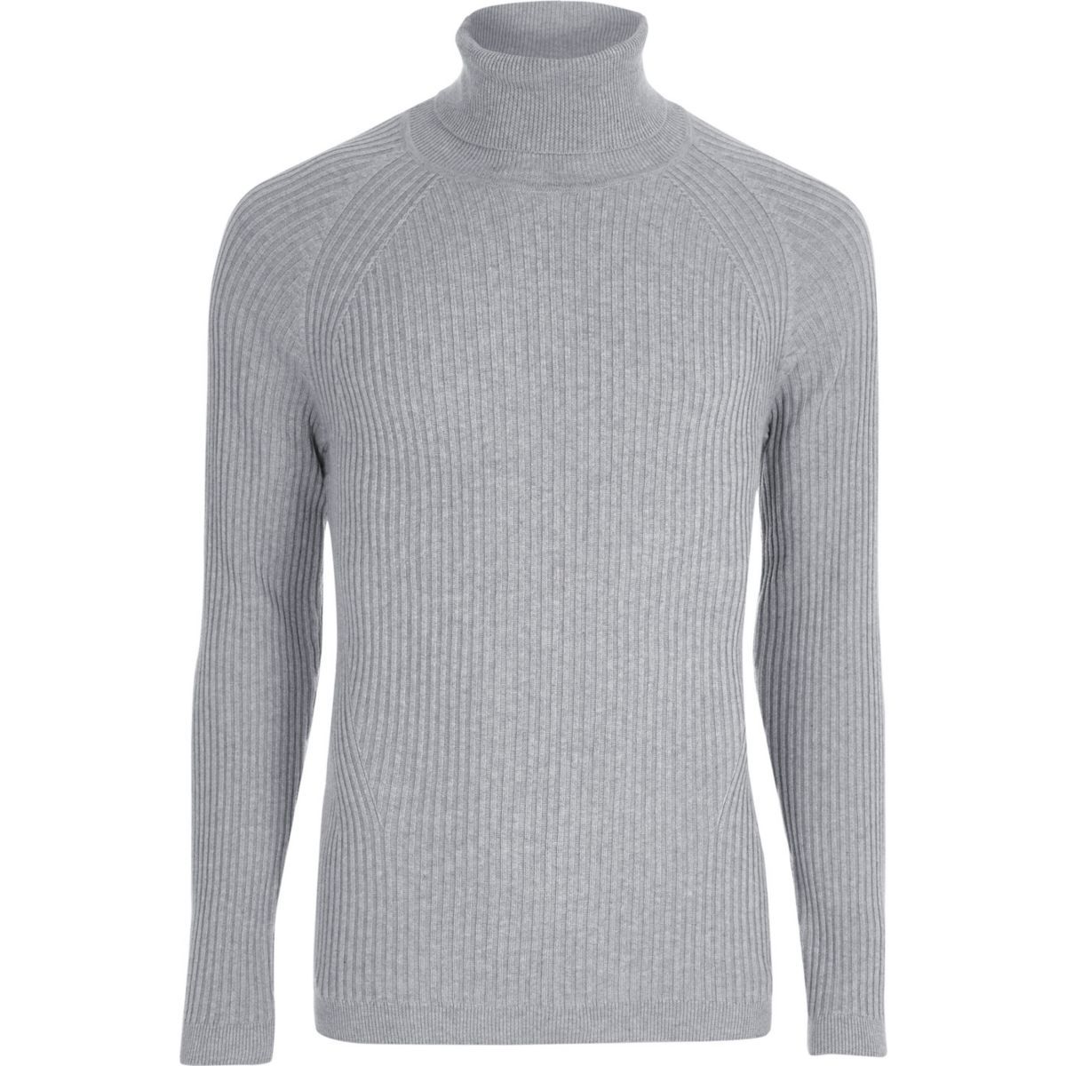 River Island Mens Grey ribbed muscle fit roll neck jumper | River Island (UK & IE)