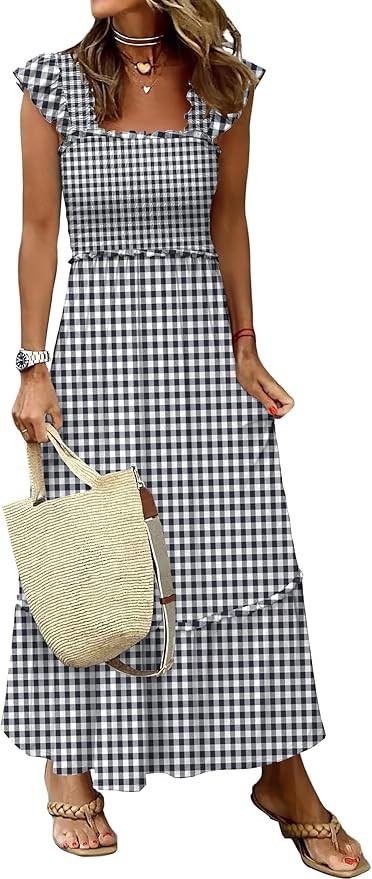 ANRABESS Womens Summer Sleeveless Maxi Dress Square Neck Smocked Boho Casual Ruffle Strap Flowy A... | Amazon (US)