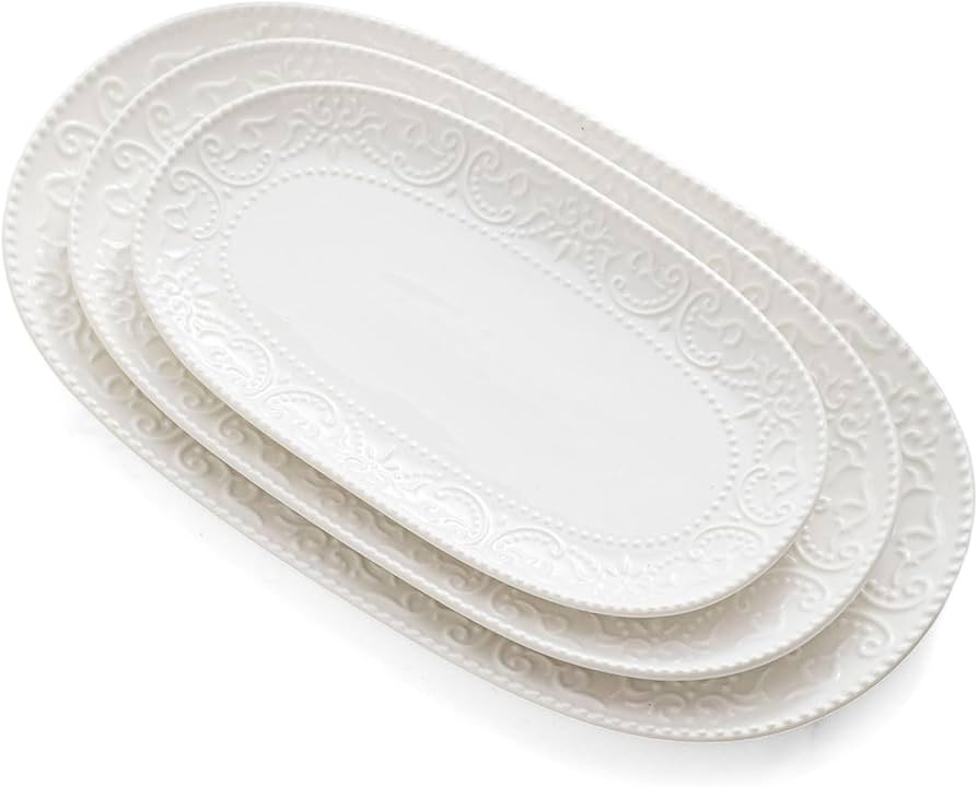 Oval Serving Platter, 14"/12"/10" Ceramic Serving Platters, Embossed White Serving Plates, Stacka... | Amazon (US)