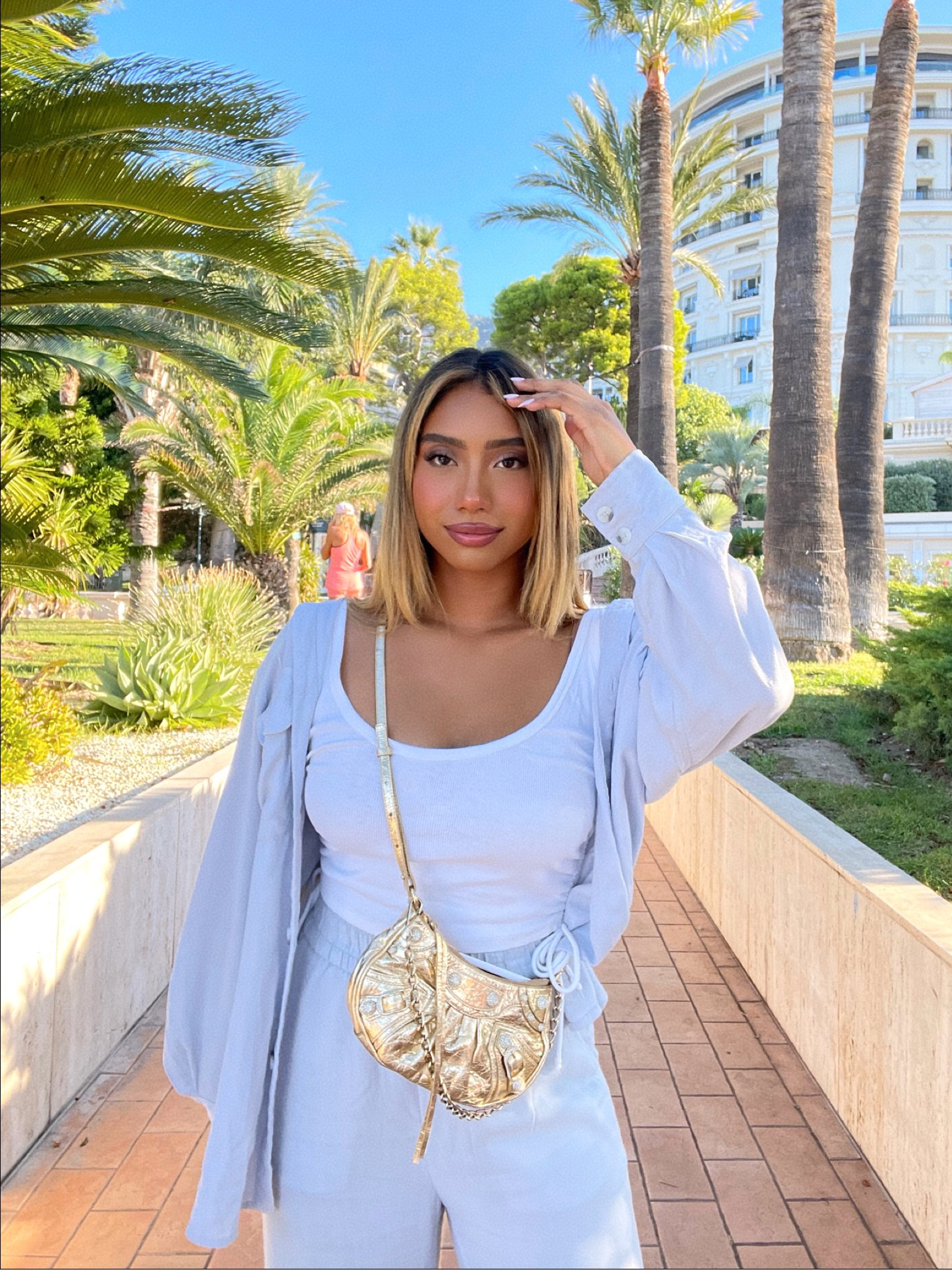 H&M Baby Blue Button Up + Balenciaga Bag
