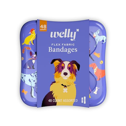 Welly Bandages | Adhesive Flexible Fabric Bravery Badges | Assorted Shapes for Minor Cuts, Scrapes, and Wounds | Colorful and Fun First Aid Tin | Dogs Patterns - 48 Count | Amazon (US)