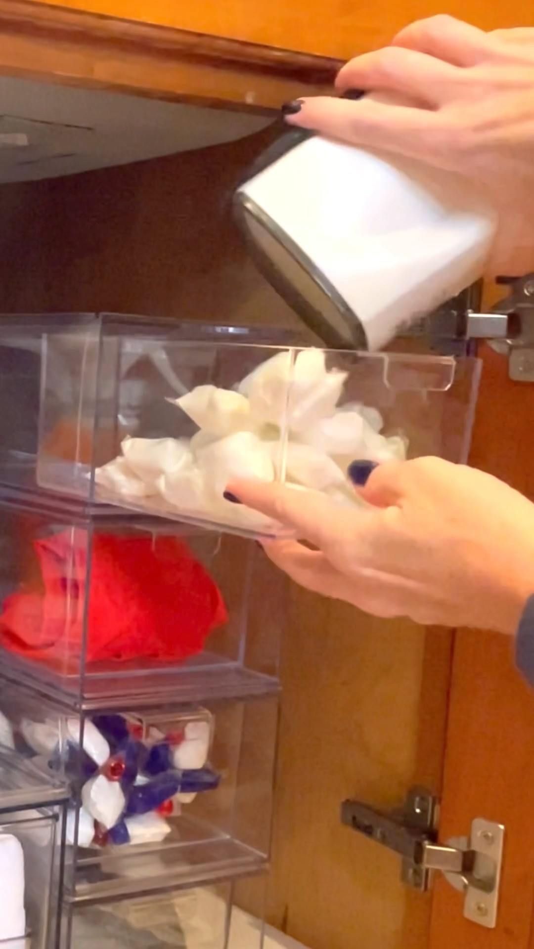 This is my fave way to store dish washer pods under the sink!  We use the top drawer so we don’t have to bend over too far, and when that drawer runs out of pods we can pull that drawer out and put the full drawer up top!  We won’t run out. 🍽️ 

#LTKhome #LTKFind
