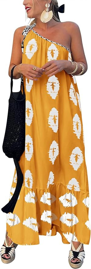 PRETTYGARDEN Women's 2026 Summer One Shoulder Maxi Dress Printed Flowy Boho Long Sundresses Sprin... | Amazon (US)