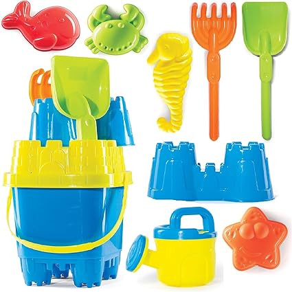 Prextex 10 Piece Beach Toys Sand Toys Set, Bucket with Sifter, Shovel, Rake, Watering Can, Animal... | Amazon (US)