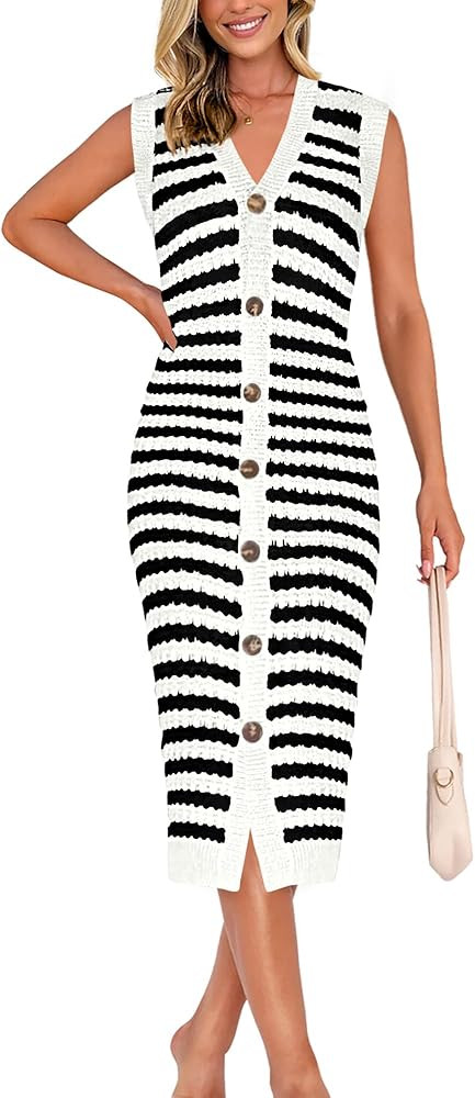 BTFBM Casual Women Spring Dresses 2025 Sleeveless Striped Midi Button Down Dress Ribbed Knit Card... | Amazon (US)