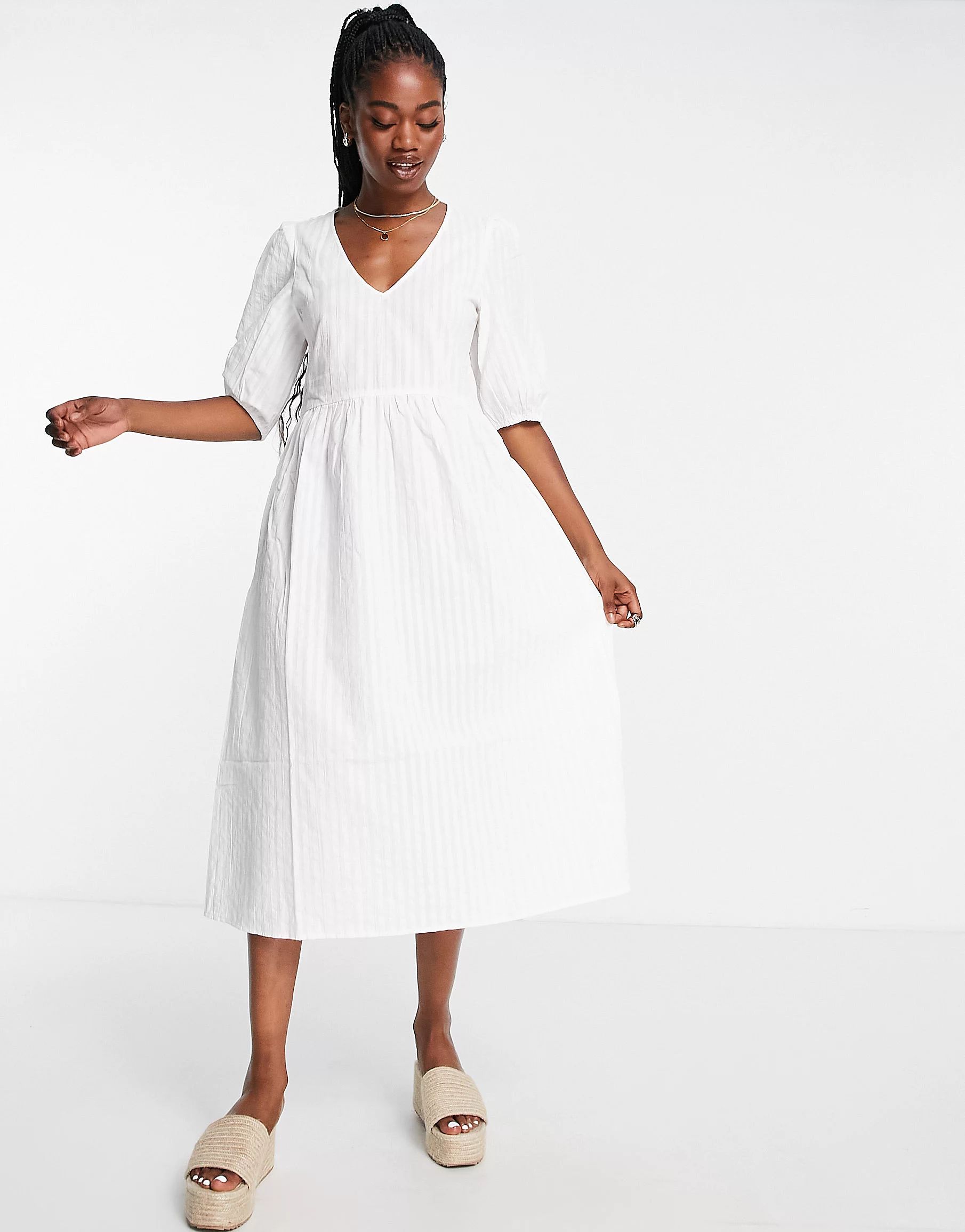 Monki seersucker puff sleece midi dress in white | ASOS (Global)