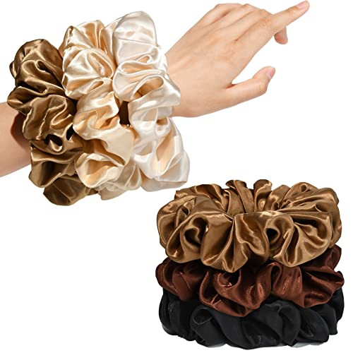 CEELGON Large Silk Satin Scrunchies for Women Big Scrunchies Jumbo Satin Hair Ties Oversized Hair Scrunchies for Thick Curly Hair Pack of 6 (Black,Champagne,Brown,Gold) | Amazon (US)