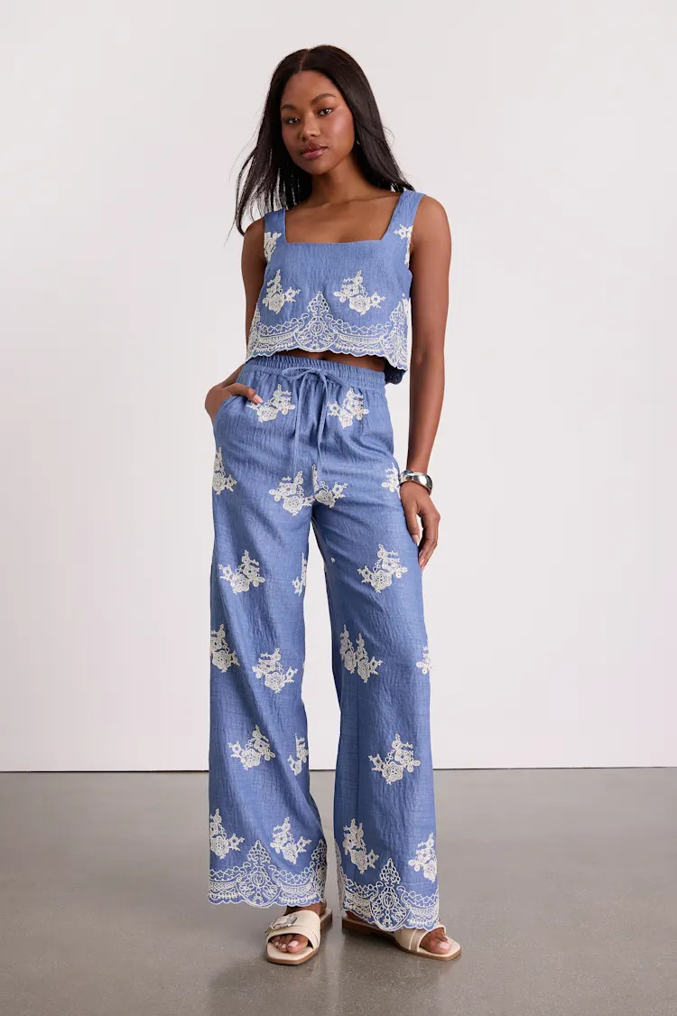Havana Blue Embroidered Drawstring Wide-Leg Pants | Lulus