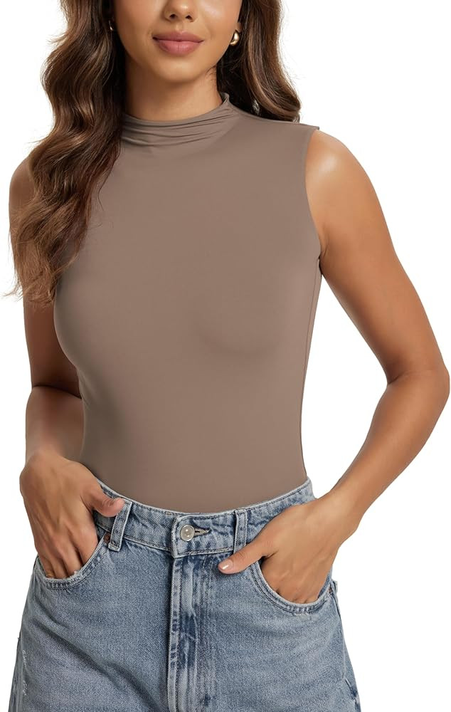 ODODOS Women's Double Layer Mock Neck Sleeveless Tee Ultra-Soft Lightweight Basic T-Shirts Slim F... | Amazon (US)