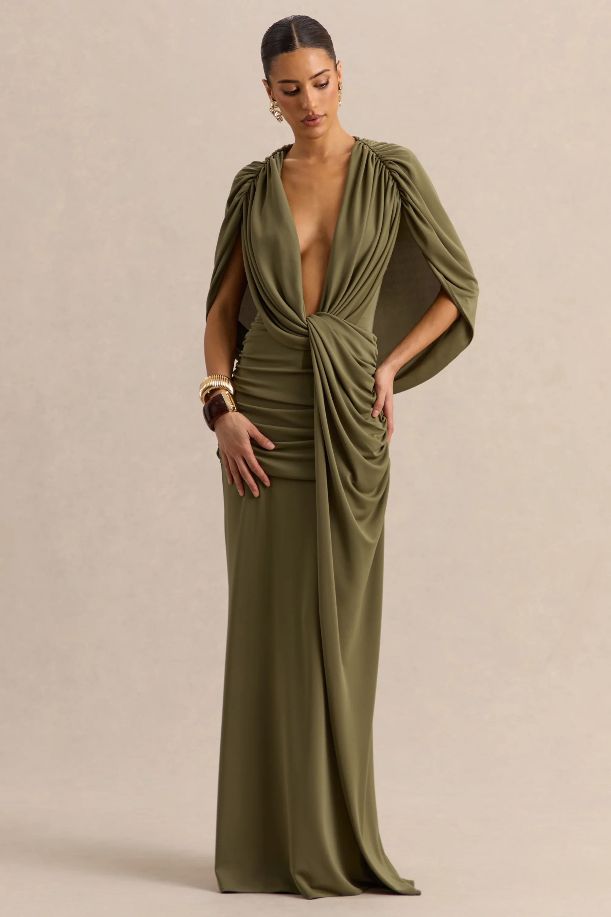 Marisea | Green Plunge-Neck Maxi Dress With Cape-Sleeves | Club L London