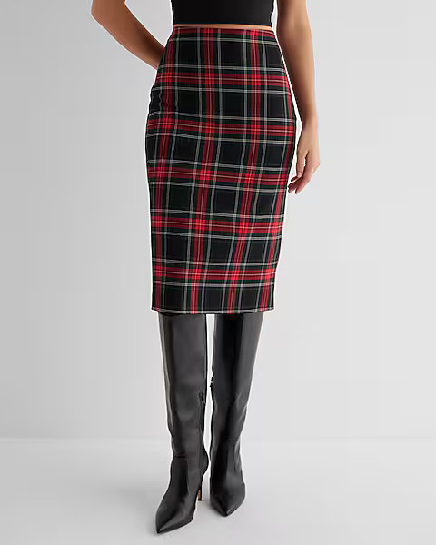 High Waisted Tartan Plaid Midi Pencil Skirt | Express