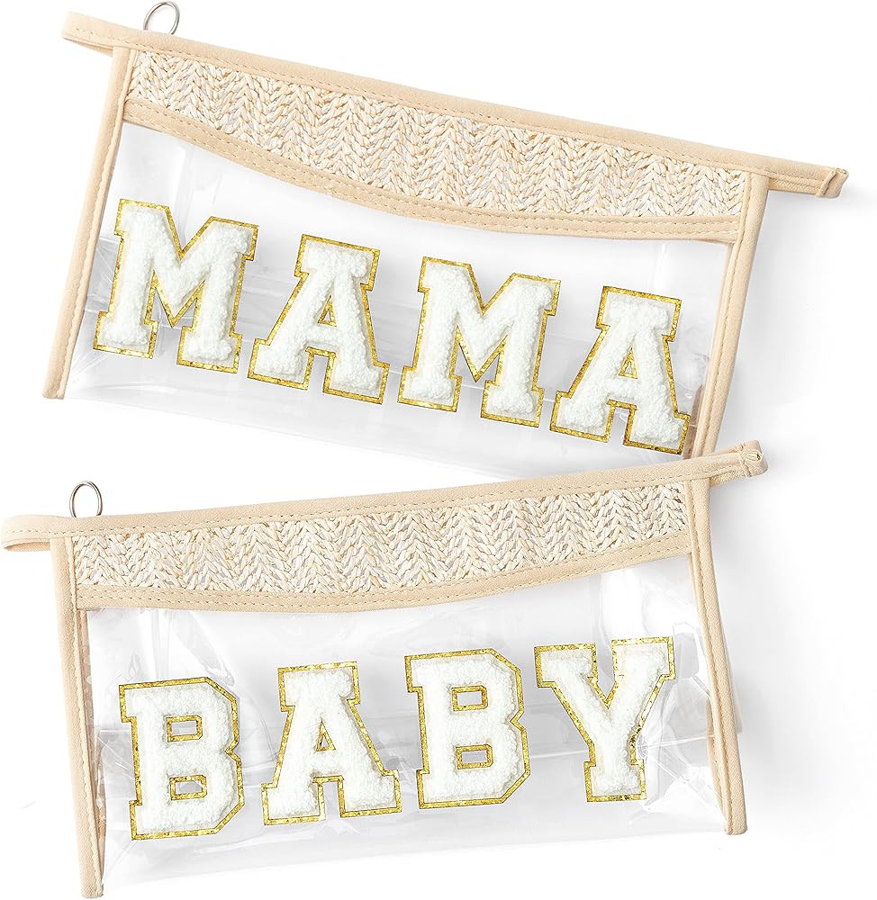 2 Pieces Boho Patch MAMA and Baby Bag Set, Clear Varsity Letter Bag Cosmetic Bag beige Baby Diape... | Amazon (US)