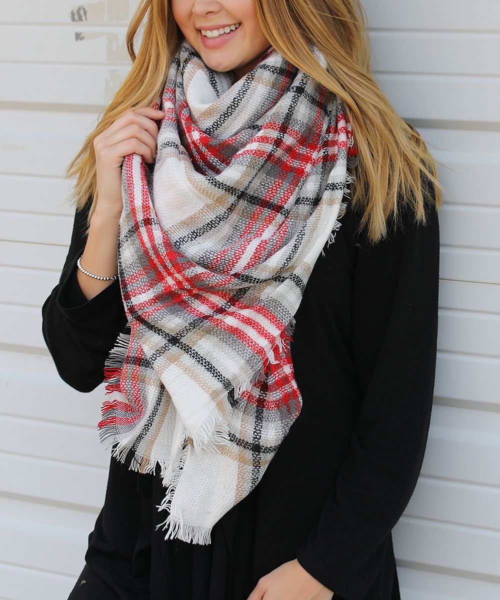 Funky Monkey Women's Cold Weather Scarves Red, - Red & White Plaid Blanket Scarf - Women's Short | Zulily