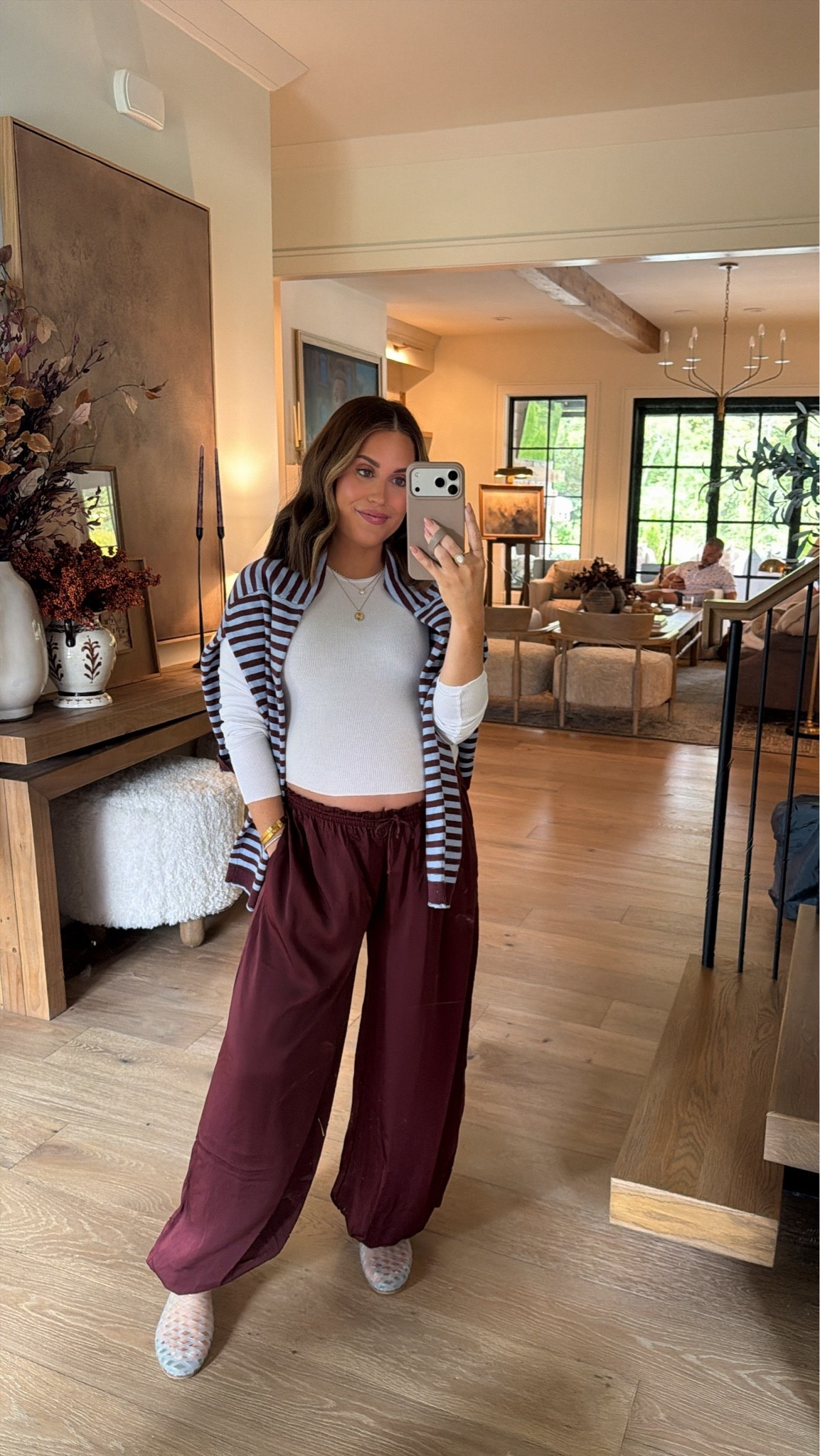 Casual weekend outfit! Wearing an xs in these satin balloon pants (this color!!), small in ribbed tee, & small in cardigan. I just draped it over my shoulders as an extra layer. I thought these slip on jellies matched the blue in the cardigan, but you could also do a casual sneaker. Slides currently $34 (reg $90). 

These pants can easily be dressed up with a kitten heel + nice top. 

Currently 38 weeks pregnant. Maternity, bump friendly, pregnant

#LTKootd #LTKBump #LTKgrwm