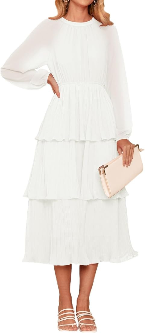 ZESICA Women's 2024 Long Sleeve Crew Neck Ruffle Tiered Layered Chiffon Flowy Swing Long Midi Dre... | Amazon (US)