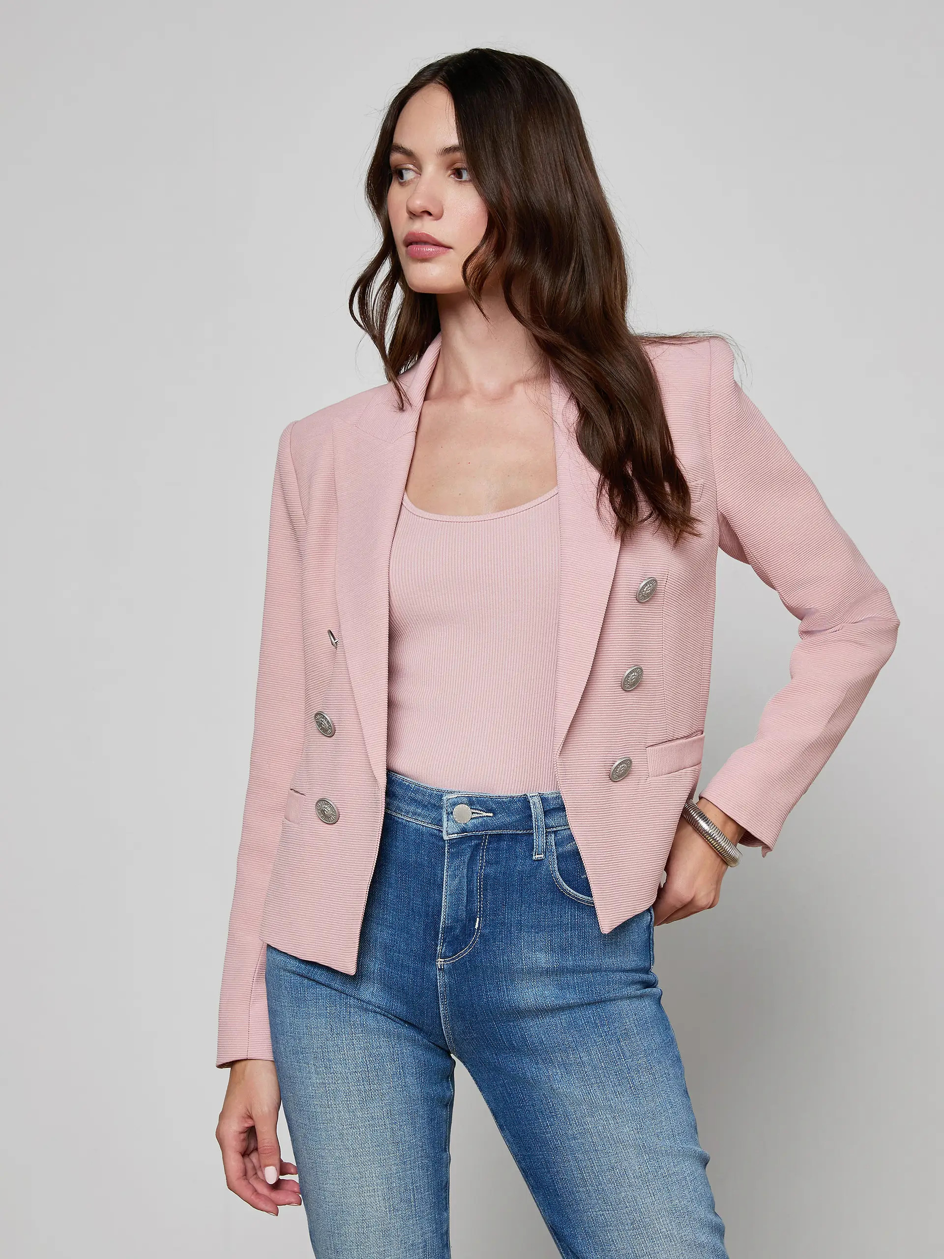 Brooke Open-Front Blazer in Pale Rose/Faded Chain | L'AGENCE | L'Agence