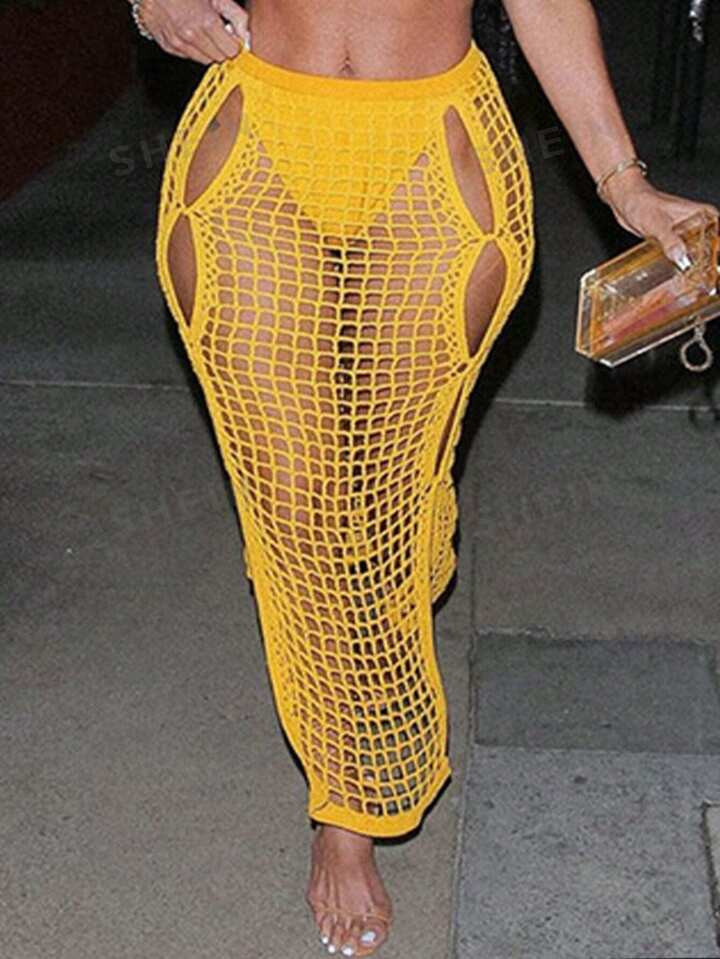 SHEIN Slayr Plus Size Hollow Out Mesh Knitted Skirt | SHEIN