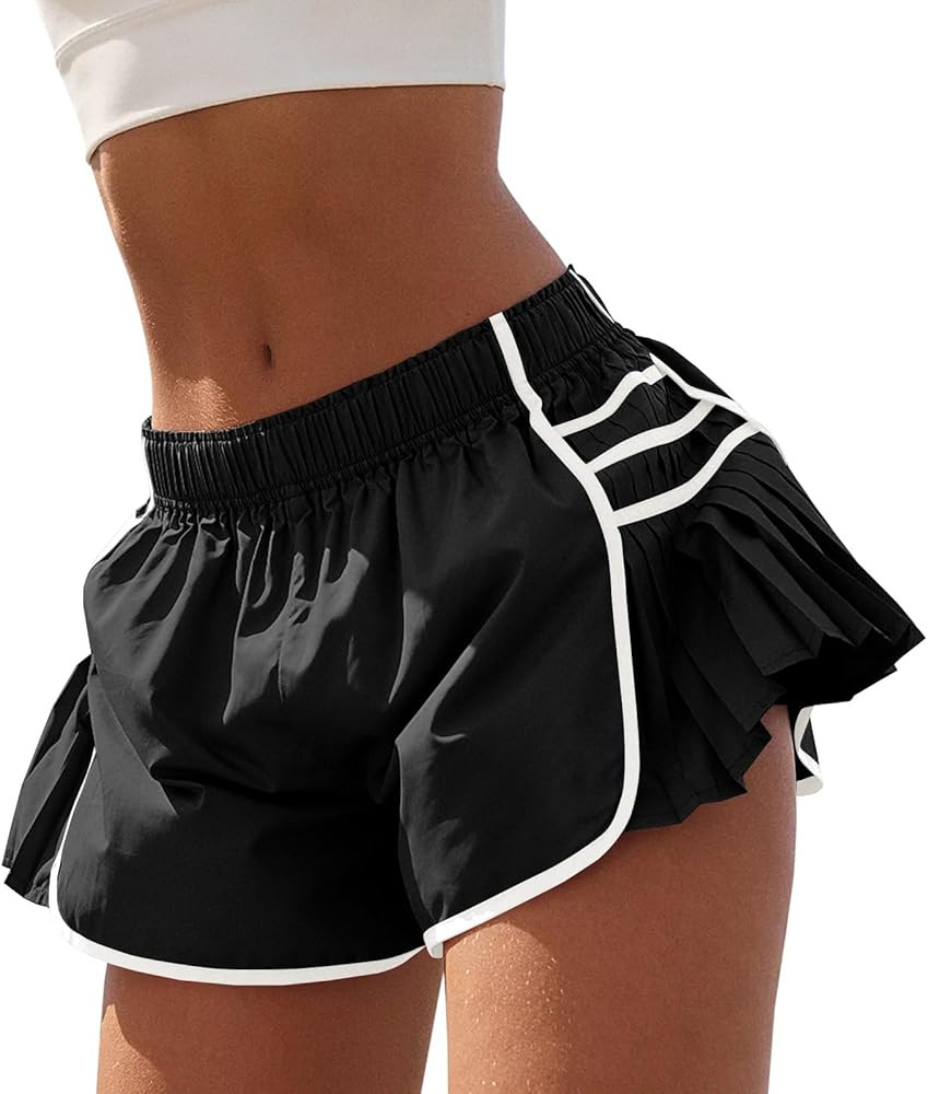 Fisoew Womens Workout Gym Shorts Running Pleated Contrast Stitch Elastic Waist Athletic Quick Dry... | Amazon (US)