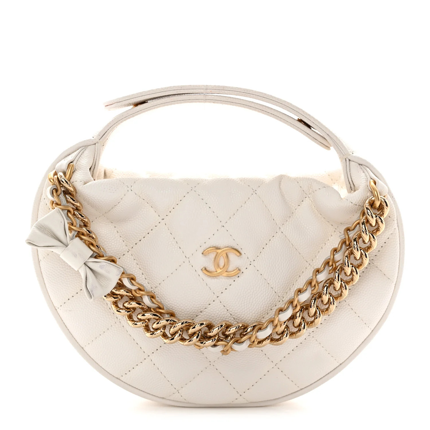 Chanel Shiny Caviar Quilted Bow Pouch Hobo White 1888643 | FASHIONPHILE (US)