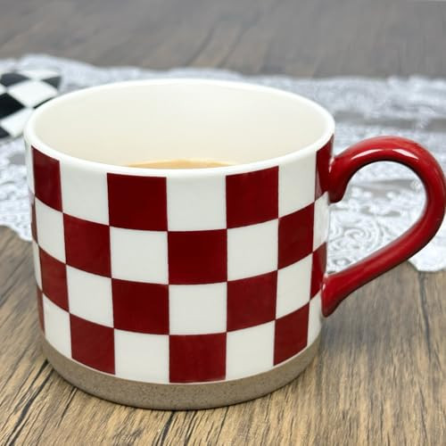 Nakor home Ceramic Coffee Mug, Simple Modern Coffee Mugs 16oz, Large Aesthetic Unique Checkered Coffee Mug Cups with Handle for Office Work Women Girls, Flat Bottom Wide Big Coffe Cup-Red and White | Amazon (US)