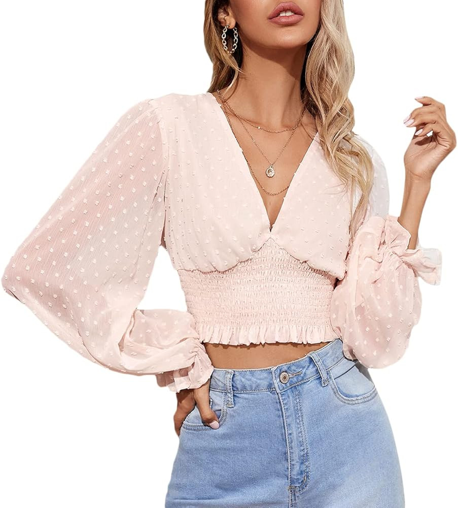 MakeMeChic Women's V Neck Swiss Dots Shirred Ruffle Trim Bishop Sleeve Crop Blouse Top | Amazon (US)