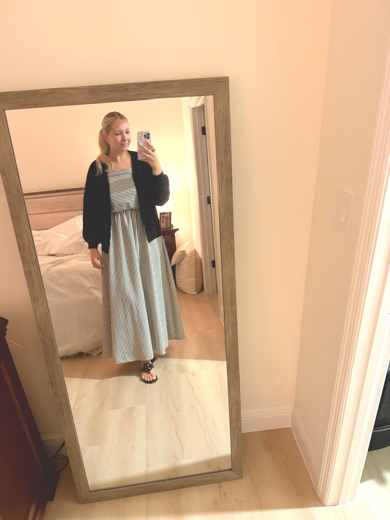 Work outfit idea: black and white striped dress styled with Tory Burch sandals and black cardigan. Perfect business casual outfit, office outfit inspiration, and comfortable workwear look.

#LTKgrwm #LTKootd #LTKdayinmylife