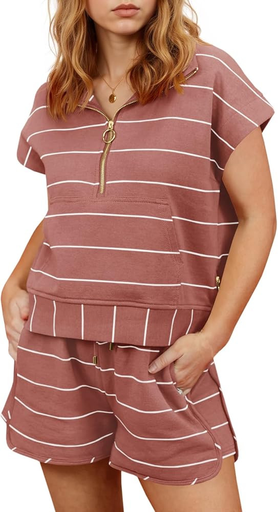 Fisoew Women Summer 2 Piece Outfits Striped Short Sleeve Zipper Shirts Casual Shorts Loose Lounge... | Amazon (US)