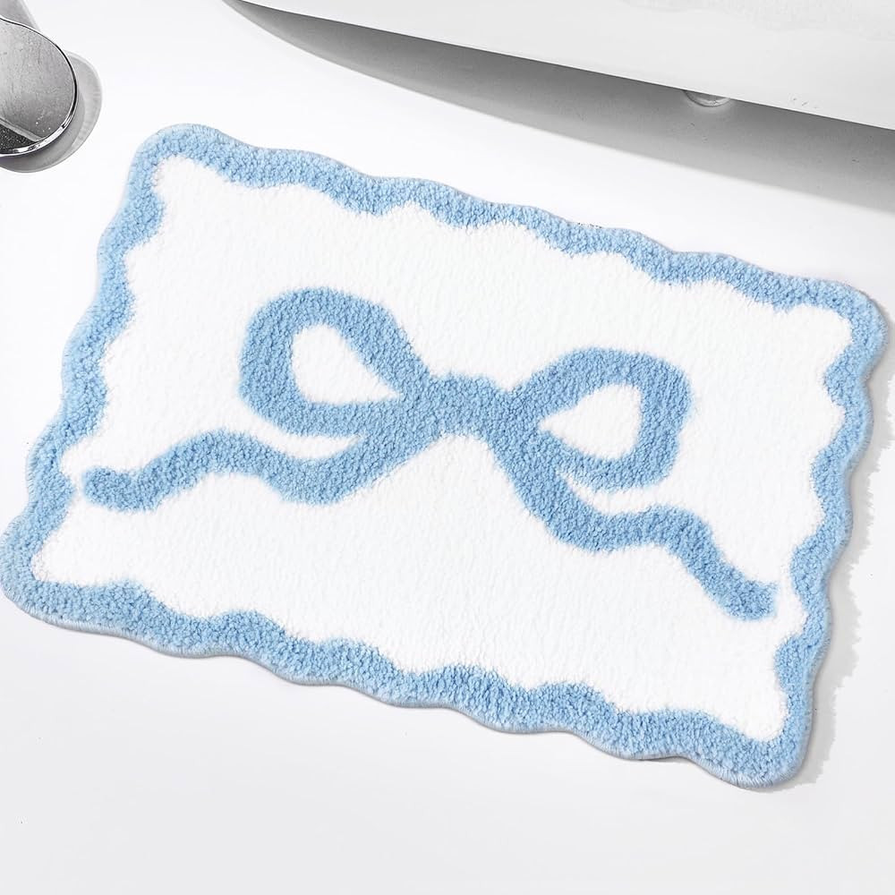 Blue Scalloped Bow Bathroom Mat 16" x 24" Non Slip Coquette Bow Rug Cute Aesthetic Scallop Carpet... | Amazon (US)