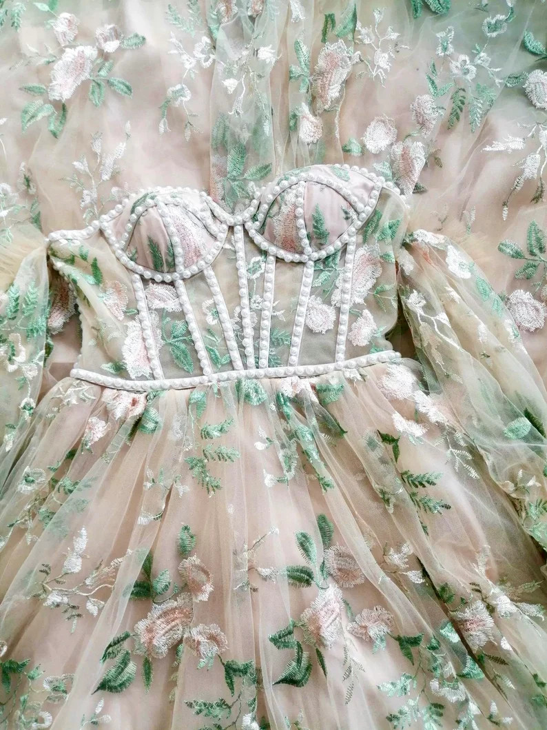 Princess Boho Floral Embroidery Lace A-Line Prom Dresses Sweetheart Puff Sleeve Pearl Corset Lace... | Etsy (US)
