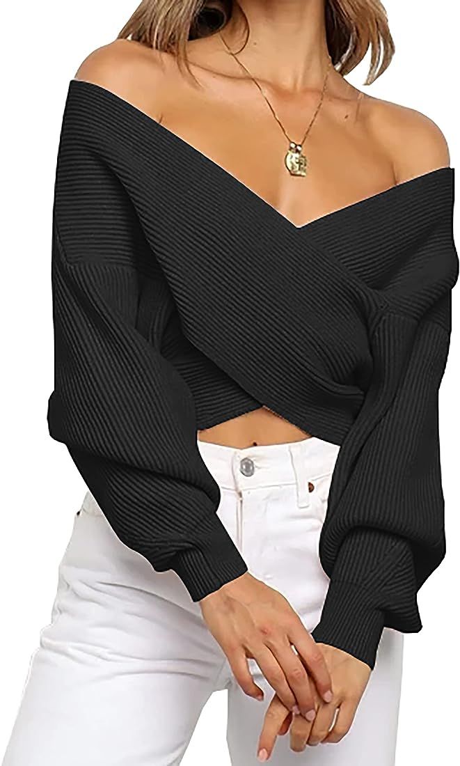 BTFBM Women Casual V Neck Long Sleeve Sweaters Cross Wrap Front Off Shoulder Asymmetric Hem Knitt... | Amazon (US)