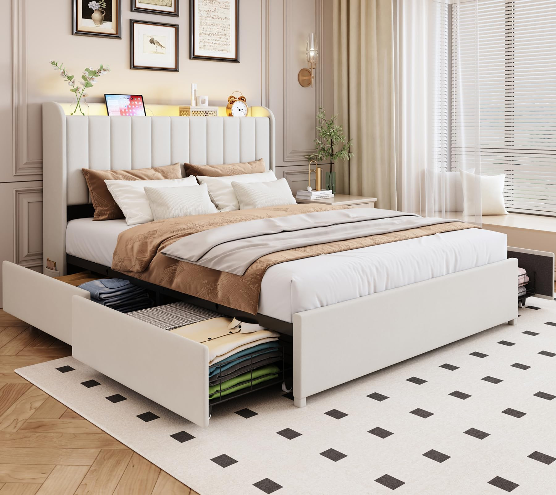 Queen Bed Frame with 4 Drawers and Storage Headboard, Upholstered Platform Bed Frame Queen Size w... | Amazon (US)