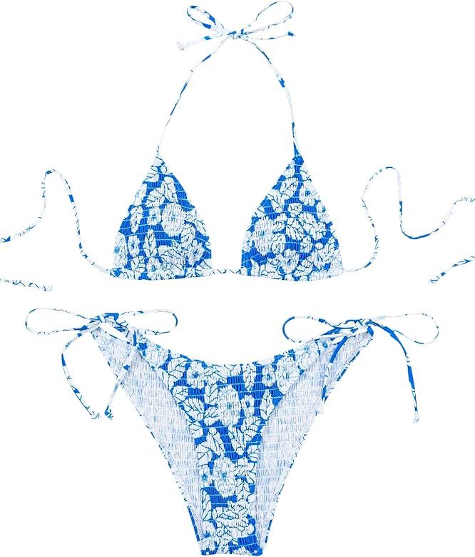 MakeMeChic Women's Halter Tie Side Triangle Bikini Set high Cut 2 Piece Bikini Swimsuit Bathing S... | Amazon (US)