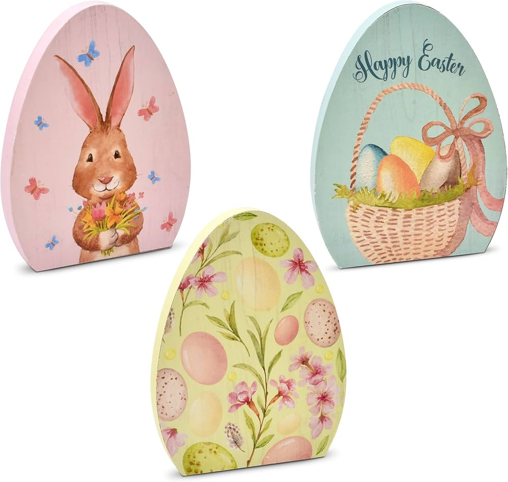 Wooden Easter Egg Table Decorations 3 Pack Decorative Spring Eggs Bunny Rabbit Flowers Design Tab... | Amazon (US)