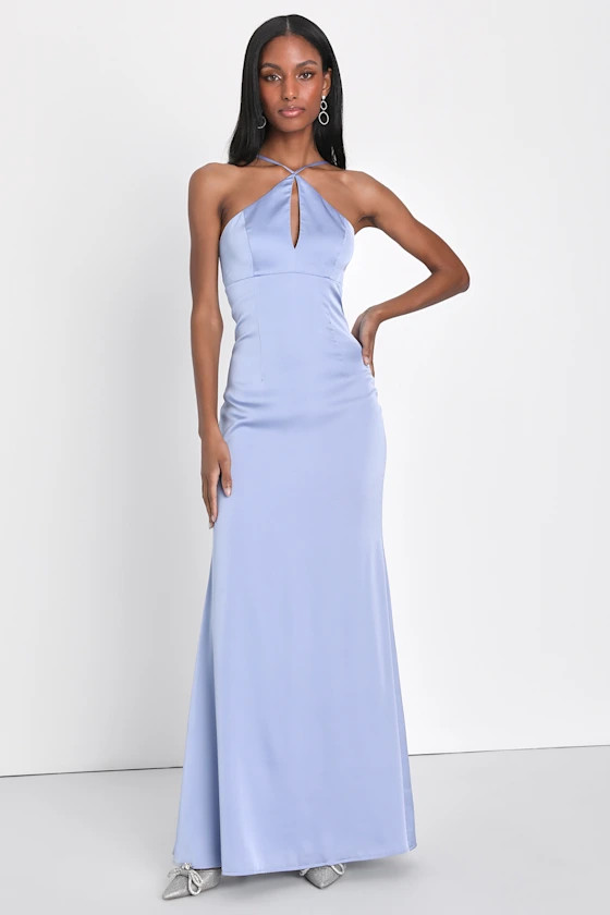 Lustrous Love Dusty Blue Satin Halter Cutout Mermaid Maxi Dress | Lulus (US)