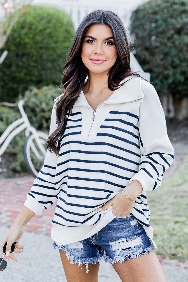 Pulling Heartstrings Ivory and Navy Stripe Quarter Zip Pullover | Pink Lily