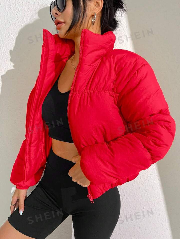SHEIN EZwear Solid Zip Up Puffer Coat | SHEIN