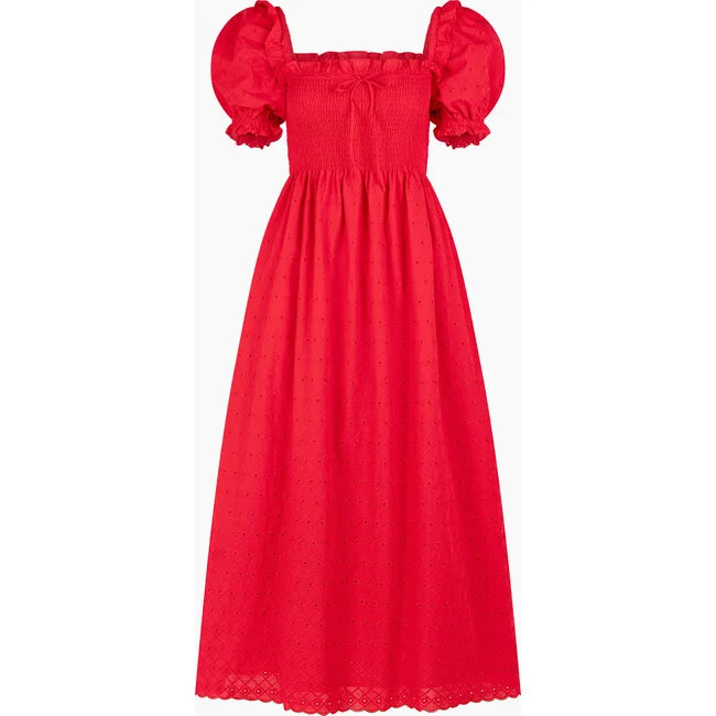 Hill House Home | Women's Scarlett Midi Nap Dress, (Red Daisy Check Eyelet, Size X-Small) | Maisonette | Maisonette